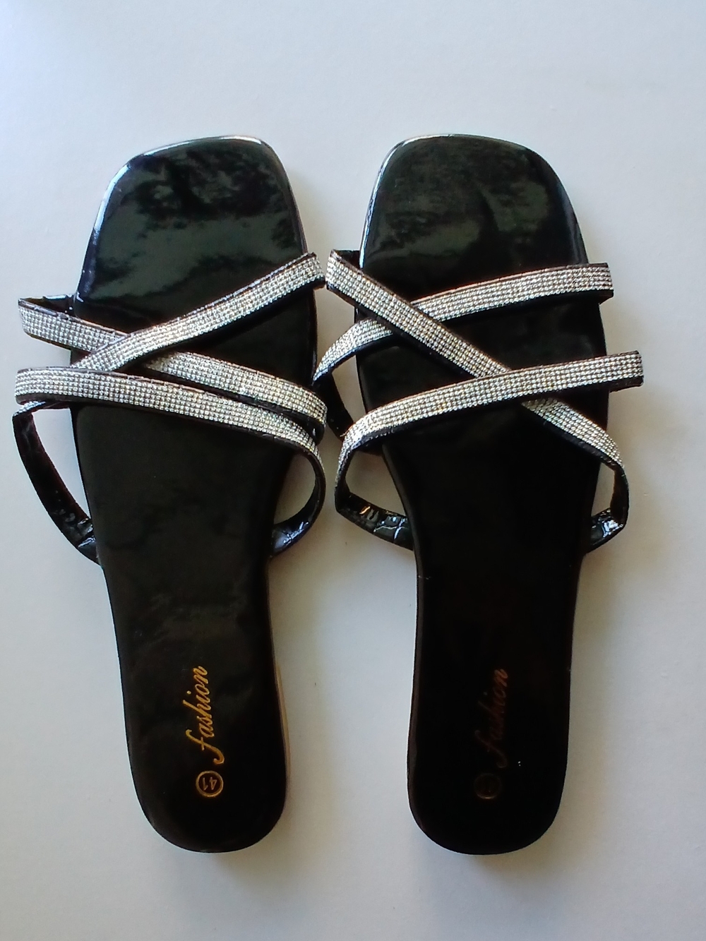 & Other Stories Black Patent Slide Sandals with Silver Crystal Straps